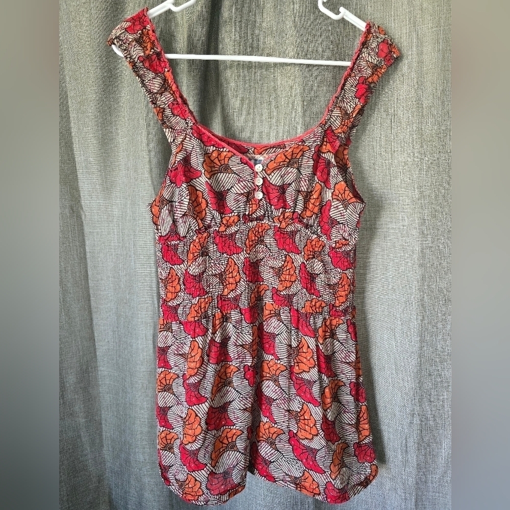 Free People Asian Gingko Print sleeveless Boho Tank Top Size 4 Smocked